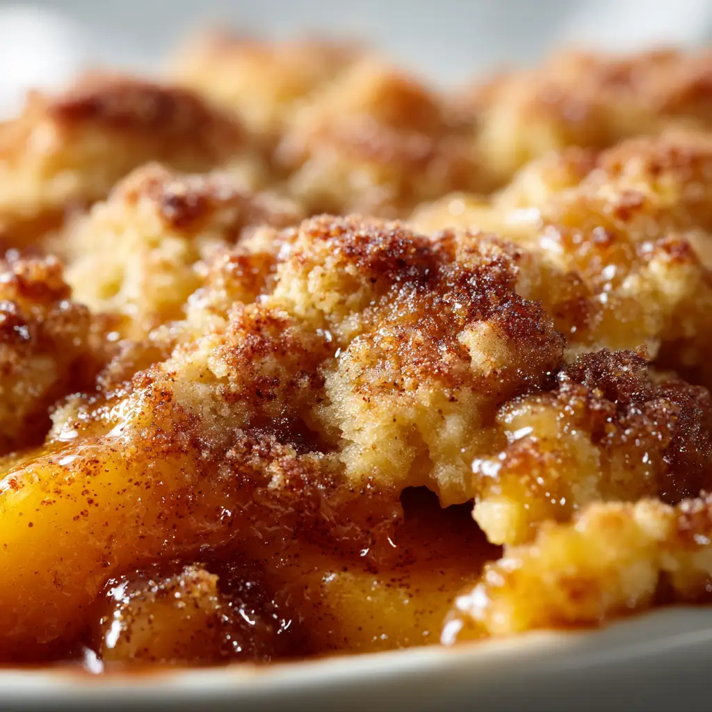 A spoonful of warm peach cobbler being lifted from the baking dish, showing the gooey filling and tender cake topping.