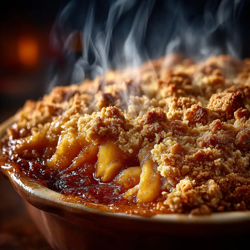 A spoonful of warm apple crisp showing the tender, spiced apple filling bubbling beneath the surface.
