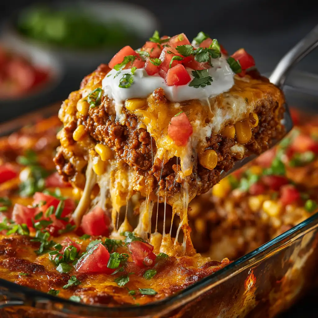Taco Casserole Recipe (The Ultimate Crowd-Pleaser) 2 A spatula lifting a perfect slice of layered taco casserole from a baking dish, revealing the ground beef, beans, and cheese layers.
