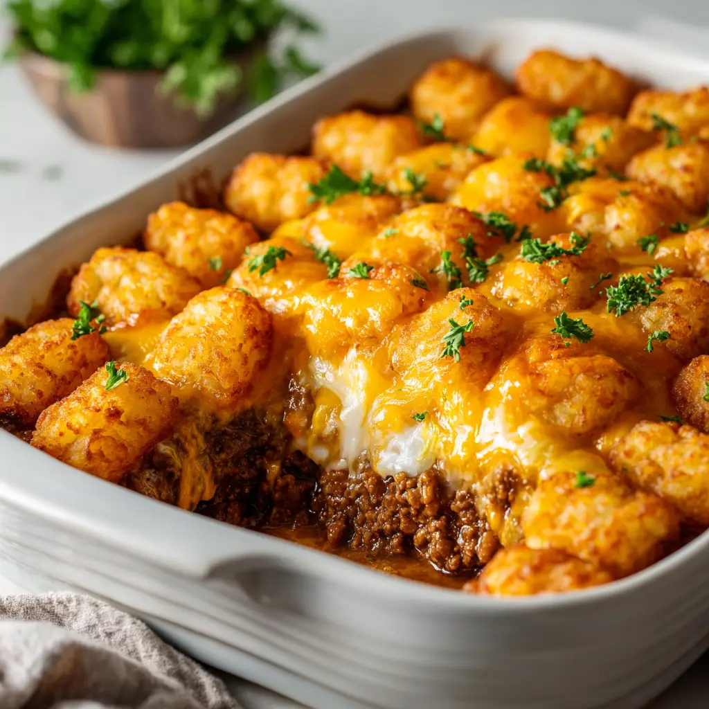 A scoop of Tater Tot Casserole being served from a baking dish, revealing the creamy ground beef and vegetable filling inside.