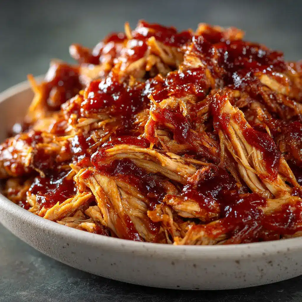 A fork pulling away a piece of tender slow cooker BBQ chicken from a large pile, demonstrating how easily it shreds.