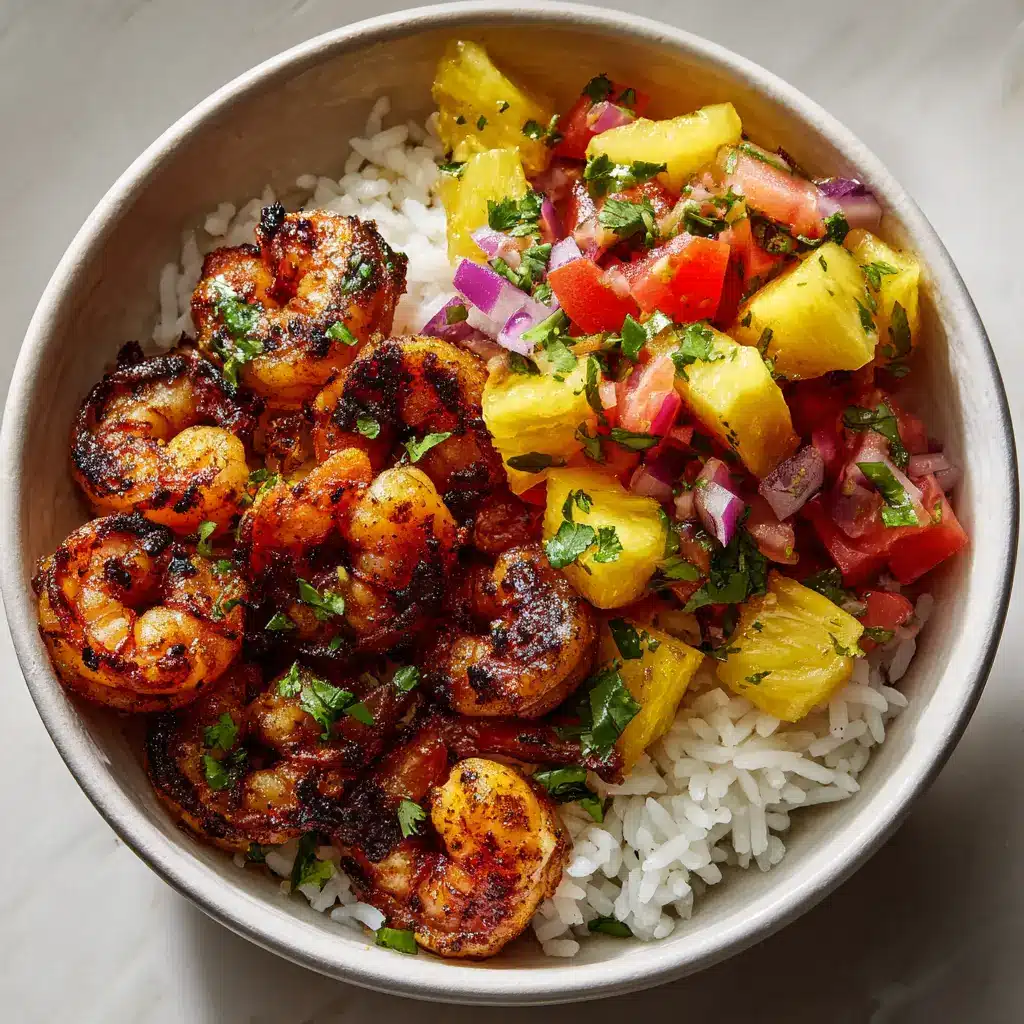 A close-up view of the avocado pineapple salsa on top of a shrimp rice bowl, showing fresh cilantro and diced red onion.