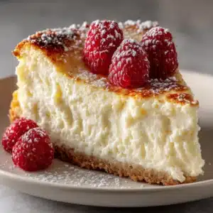A perfect slice of creamy 3-ingredient yogurt cake served on a white plate, topped with fresh raspberries and a dusting of powdered sugar.
