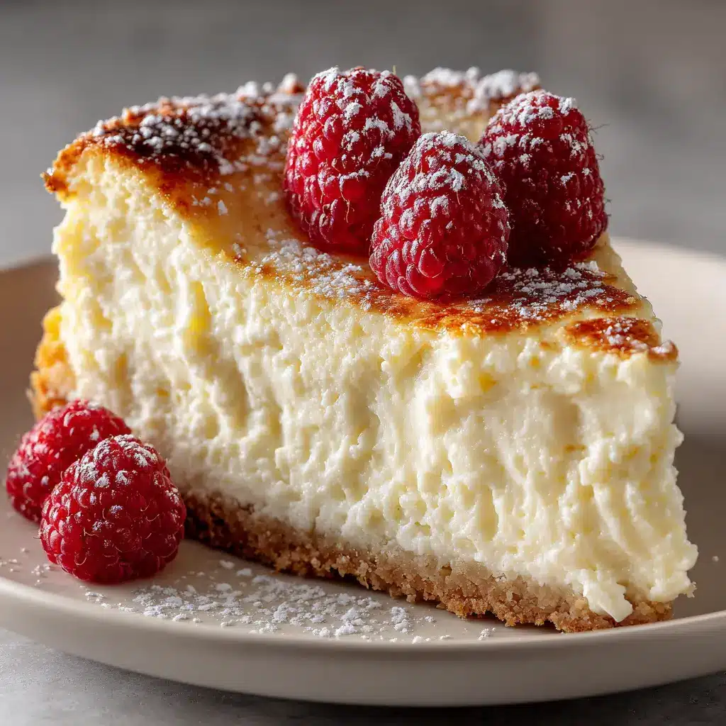 A perfect slice of creamy 3-ingredient yogurt cake served on a white plate, topped with fresh raspberries and a dusting of powdered sugar.