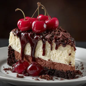 A perfect slice of rich chocolate cheesecake with a glossy cherry topping served on a dessert plate.