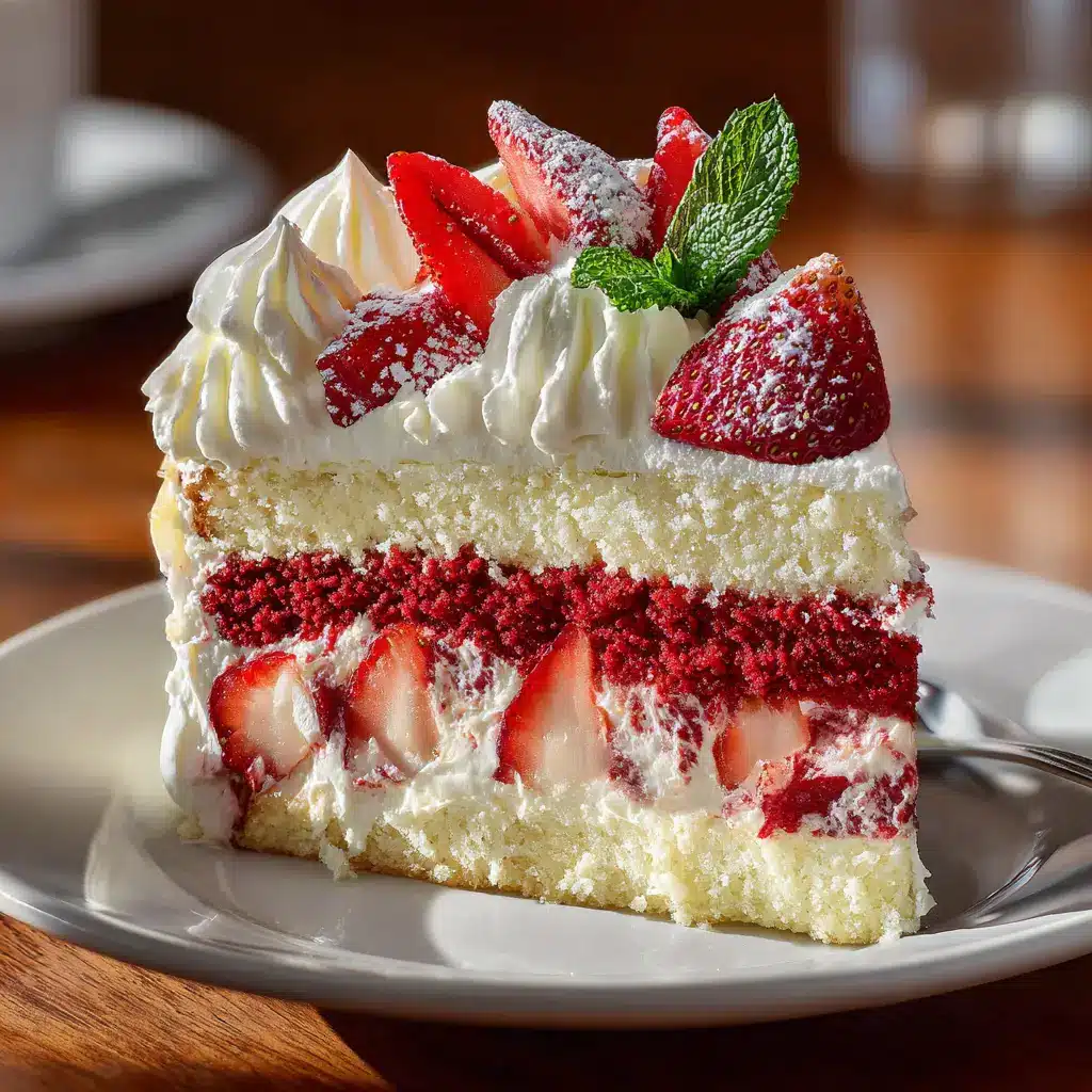 Strawberries and Cream Layer Cake: A Perfect Summer Dessert 2 A perfect slice of homemade strawberry cake on a plate, showing the distinct layers of moist vanilla cake, strawberry filling, and cream.