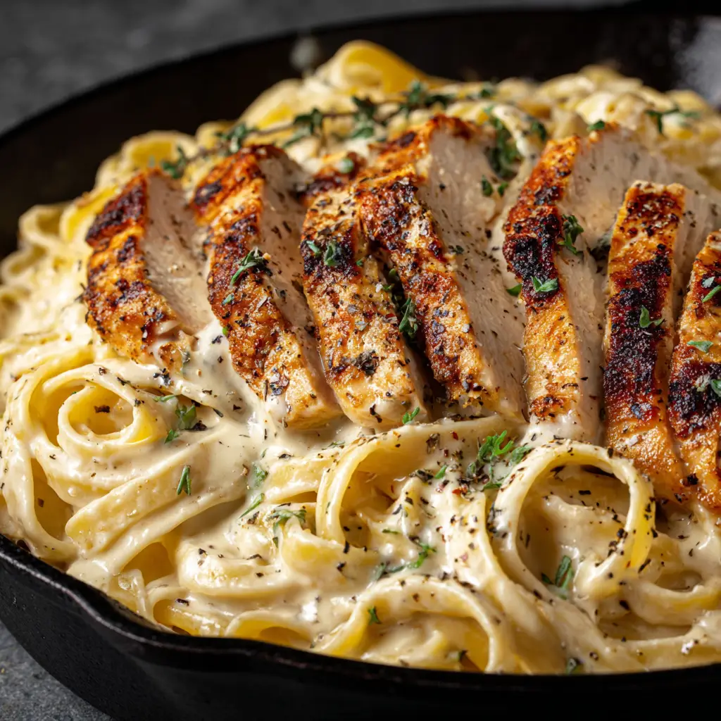 Perfectly pan-seared and sliced chicken breast ready to be added to homemade alfredo pasta.