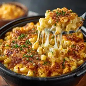 A close-up shot of a white bowl filled with creamy slow cooker mac and cheese, garnished with fresh parsley.