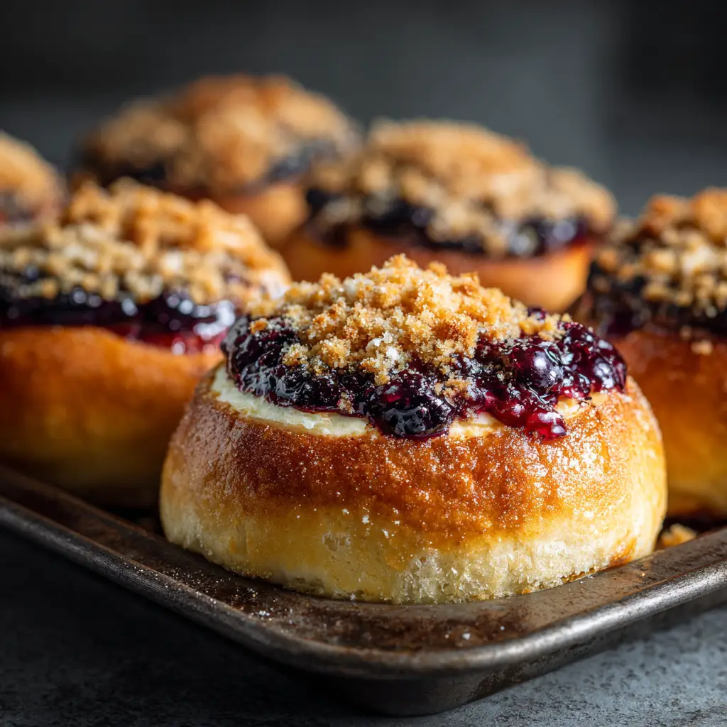 A close-up macro shot of a single blueberry cheesecake brioche bun, highlighting the soft, fluffy texture of the brioche bread.