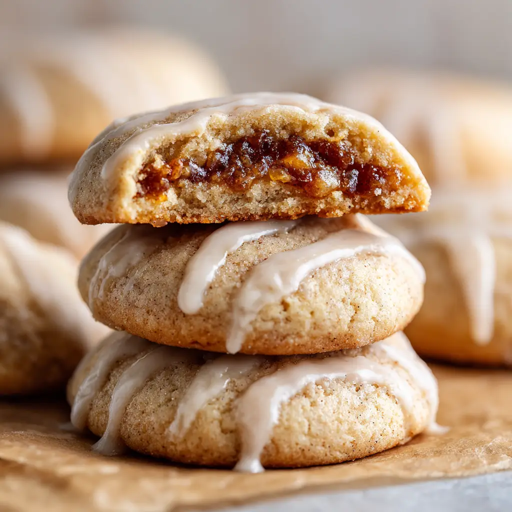 A close-up shot of three thick, soft-baked Brown Sugar Pop Tart Cookies stacked on a plate, showing their soft texture and vanilla glaze.