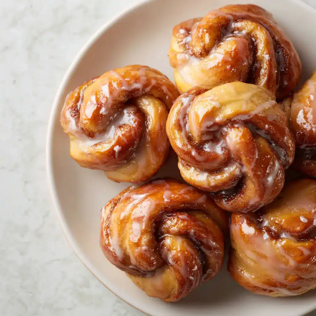 A close-up of a single soft cinnamon knot on a plate, highlighting its fluffy texture and sweet cinnamon swirl.