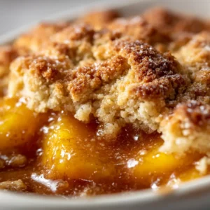 A close-up macro shot of the bubbly, caramelized crust of a Southern-style peach cobbler, highlighting the juicy peaches underneath.