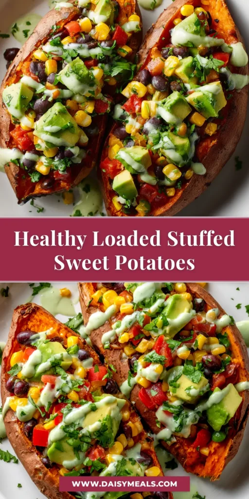 Healthy Southwest Stuffed Sweet Potato recipe loaded with black beans, corn, and avocado. The perfect easy weeknight dinner idea.