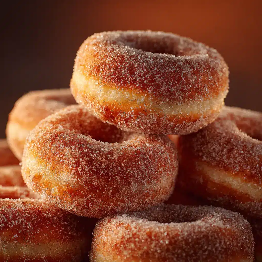Several spiced cider donuts arranged on a rustic wooden board, ready to be eaten.