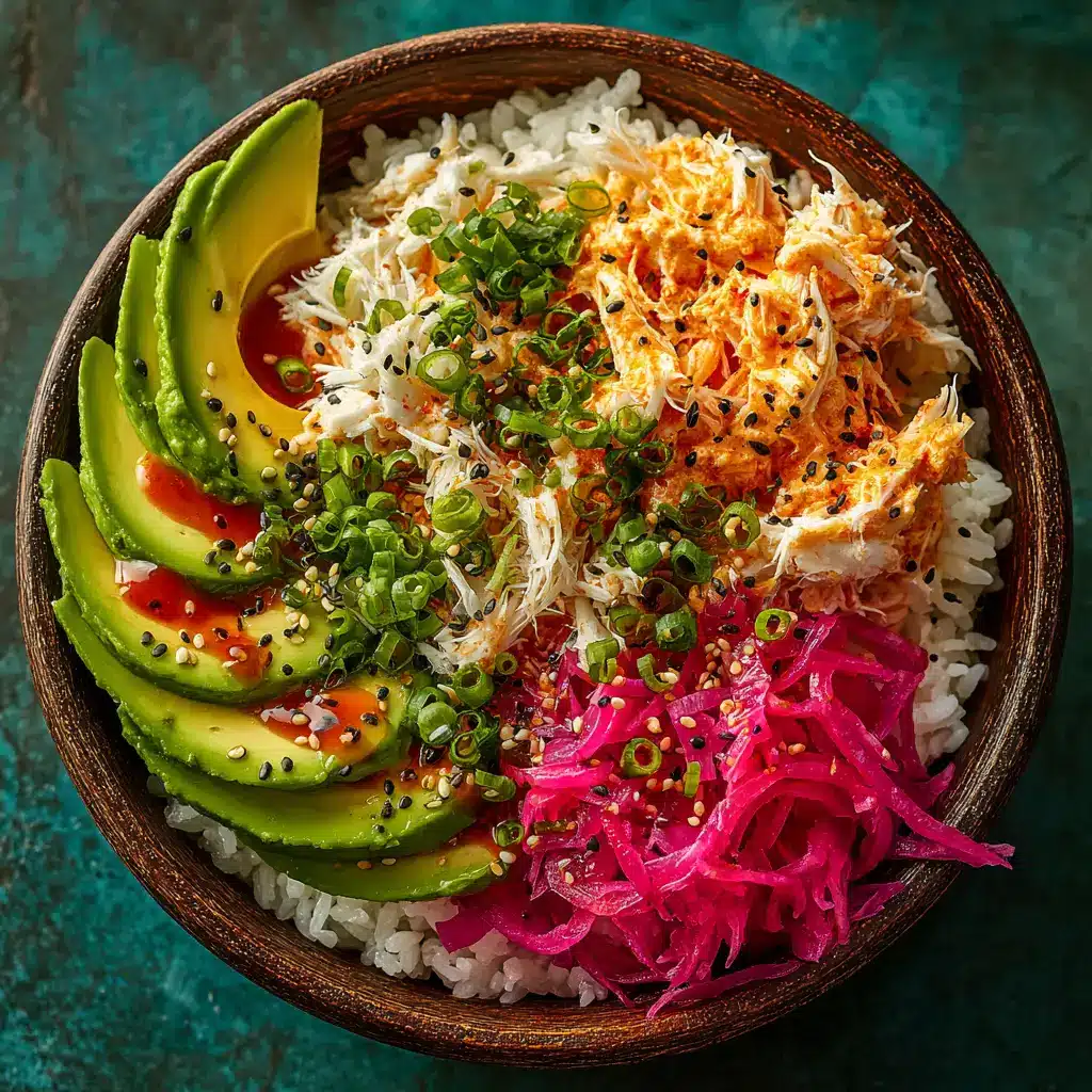 A close-up view of the spicy kani salad in a bowl, showing the creamy texture of the Japanese mayo and sriracha dressing mixed with shredded imitation crab.