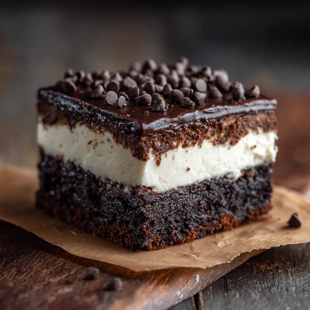 A stack of three Baileys Buttercream Brownies with a bite taken out of the top one, revealing the moist, decadent interior.