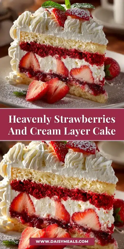 Strawberries and Cream Layer Cake: A Perfect Summer Dessert 3 A beautiful Strawberries and Cream Layer Cake on a white cake stand, topped with fresh strawberries. The perfect summer dessert recipe.