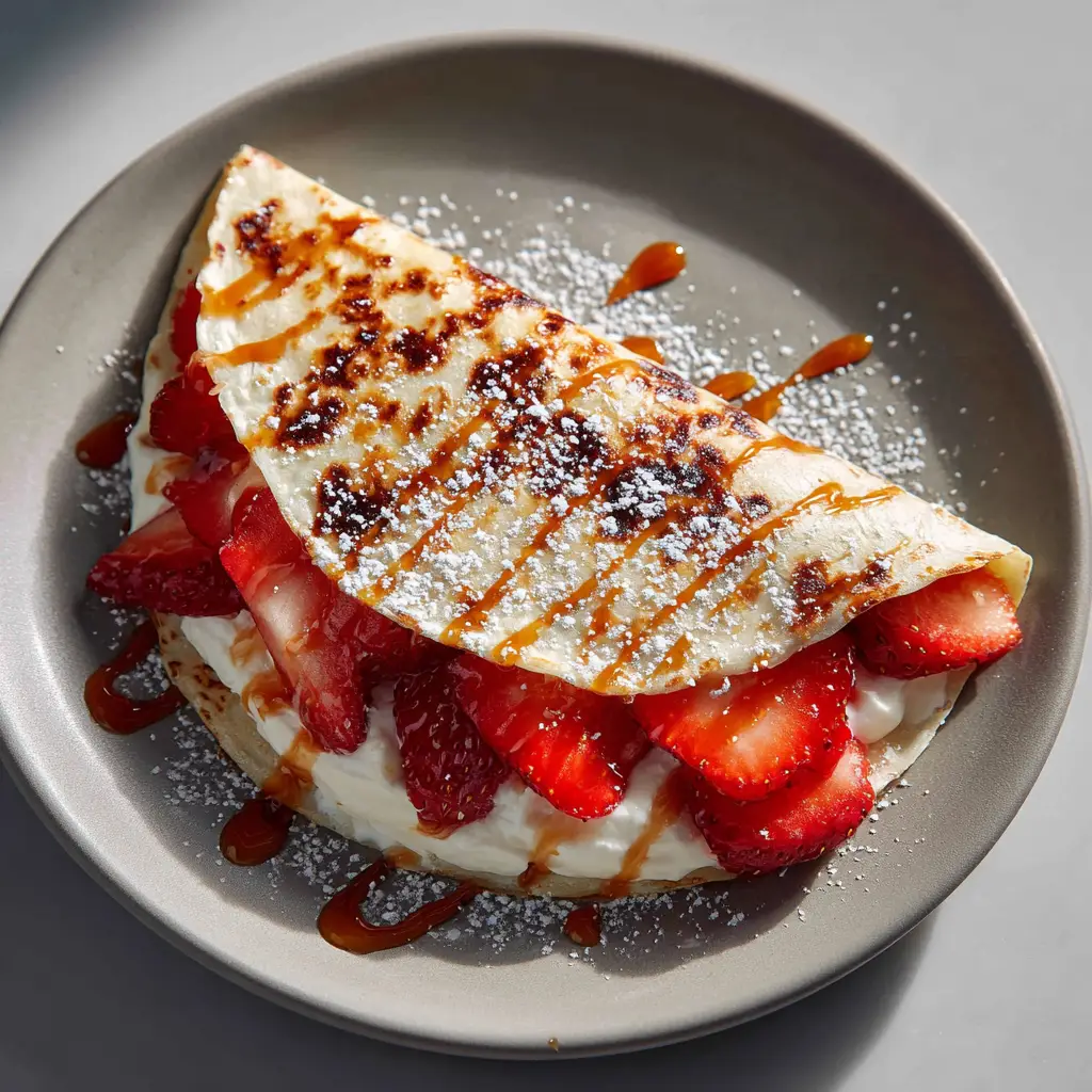 The warm and gooey strawberry cream cheese filling inside the quesadilla, ready to be eaten.