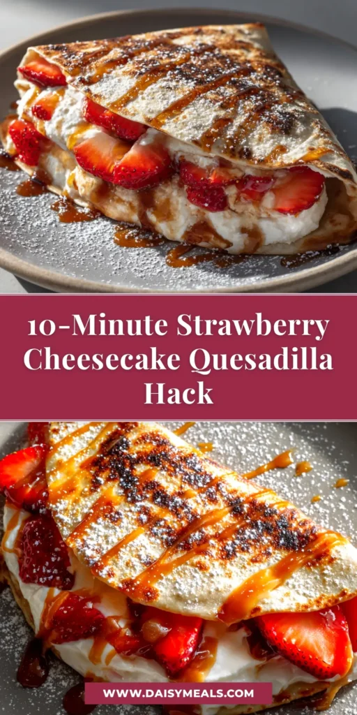 A golden-brown Strawberry Cheesecake Quesadilla sliced in half, revealing a gooey cream cheese and strawberry filling, dusted with powdered sugar.