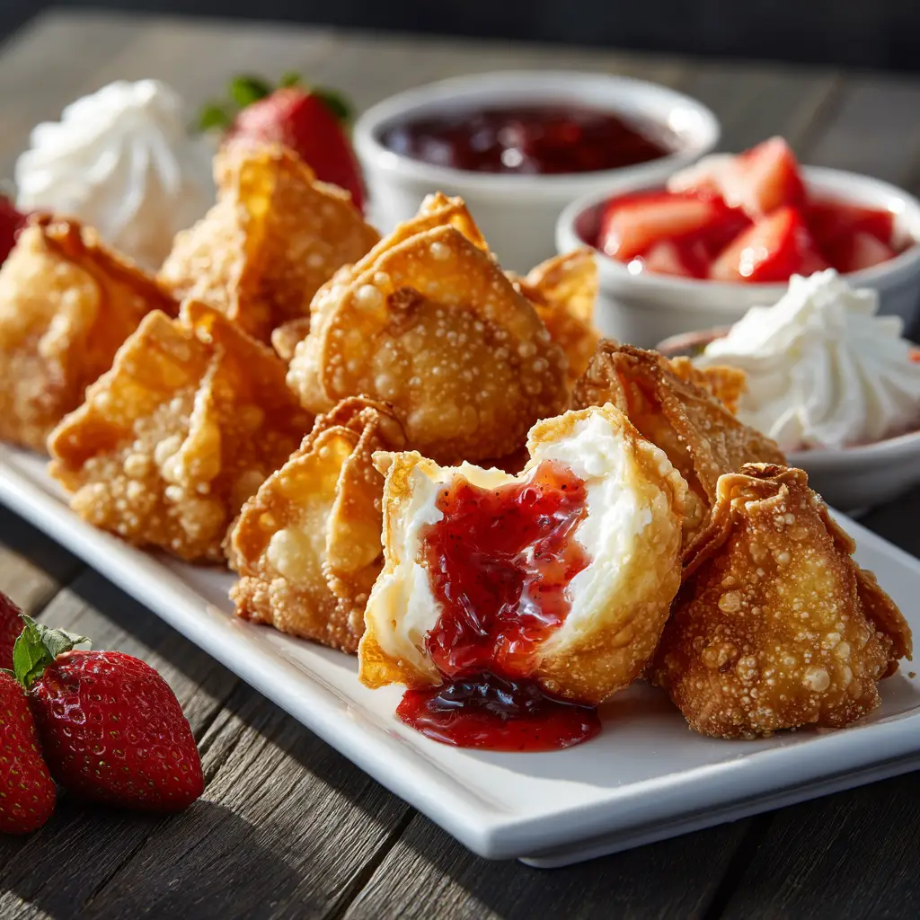 Strawberry Cheesecake Wontons (Easy Fried or Air Fryer Recipe) 1 A close-up shot of the creamy strawberry cheesecake filling inside a crispy wonton wrapper.
