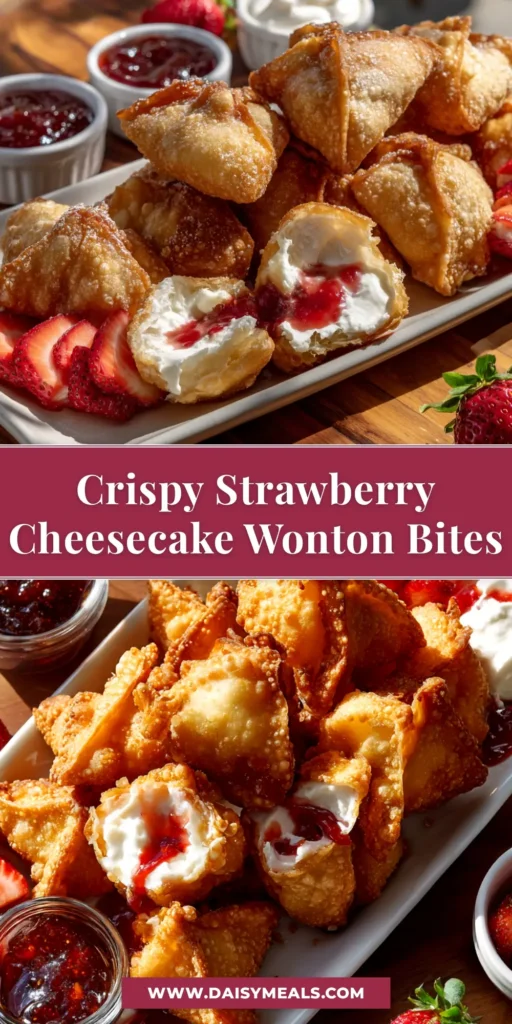 Strawberry Cheesecake Wontons (Easy Fried or Air Fryer Recipe) 3 A beautiful platter of crispy Strawberry Cheesecake Wontons, dusted with powdered sugar and served with a side of fresh strawberries.