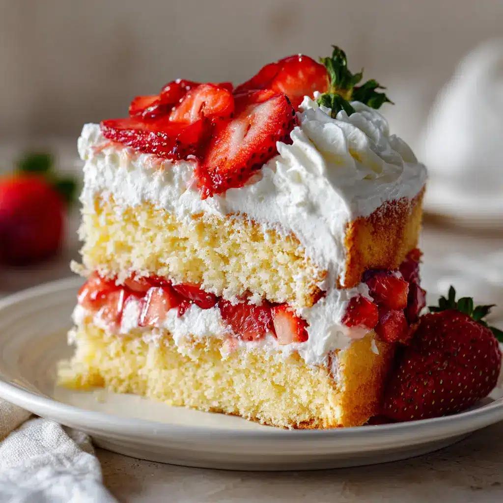 A close-up overhead shot of the strawberry filling being spread over a layer of moist vanilla cake during assembly.