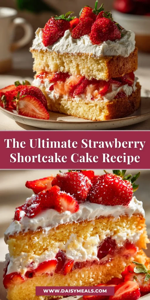 A stunning slice of strawberry shortcake cake on a white plate, showcasing layers of vanilla cake, fresh strawberry filling, and whipped cream frosting. This easy strawberry shortcake cake recipe is perfect for summer.