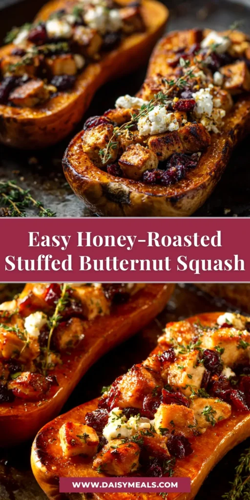 Deliciously baked stuffed butternut squash filled with sausage, apple, and cranberries. A perfect, easy recipe for a cozy fall dinner or Thanksgiving side dish.