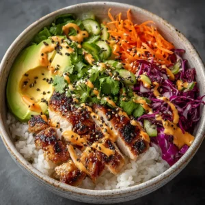 An overhead shot of a vibrant rice bowl featuring sweet and spicy chicken, served on a rustic wooden surface.