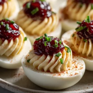 A close-up view of a sweet and spicy deviled egg topped with cranberry pepper jelly and fresh herbs.