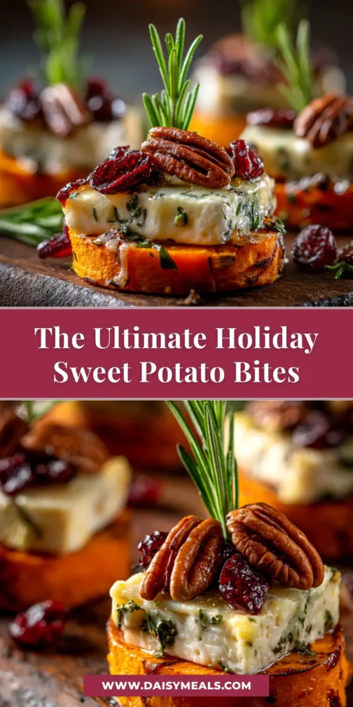 A platter of easy sweet potato appetizer bites with goat cheese, cranberries, and pecans. The perfect holiday appetizer recipe for a crowd.