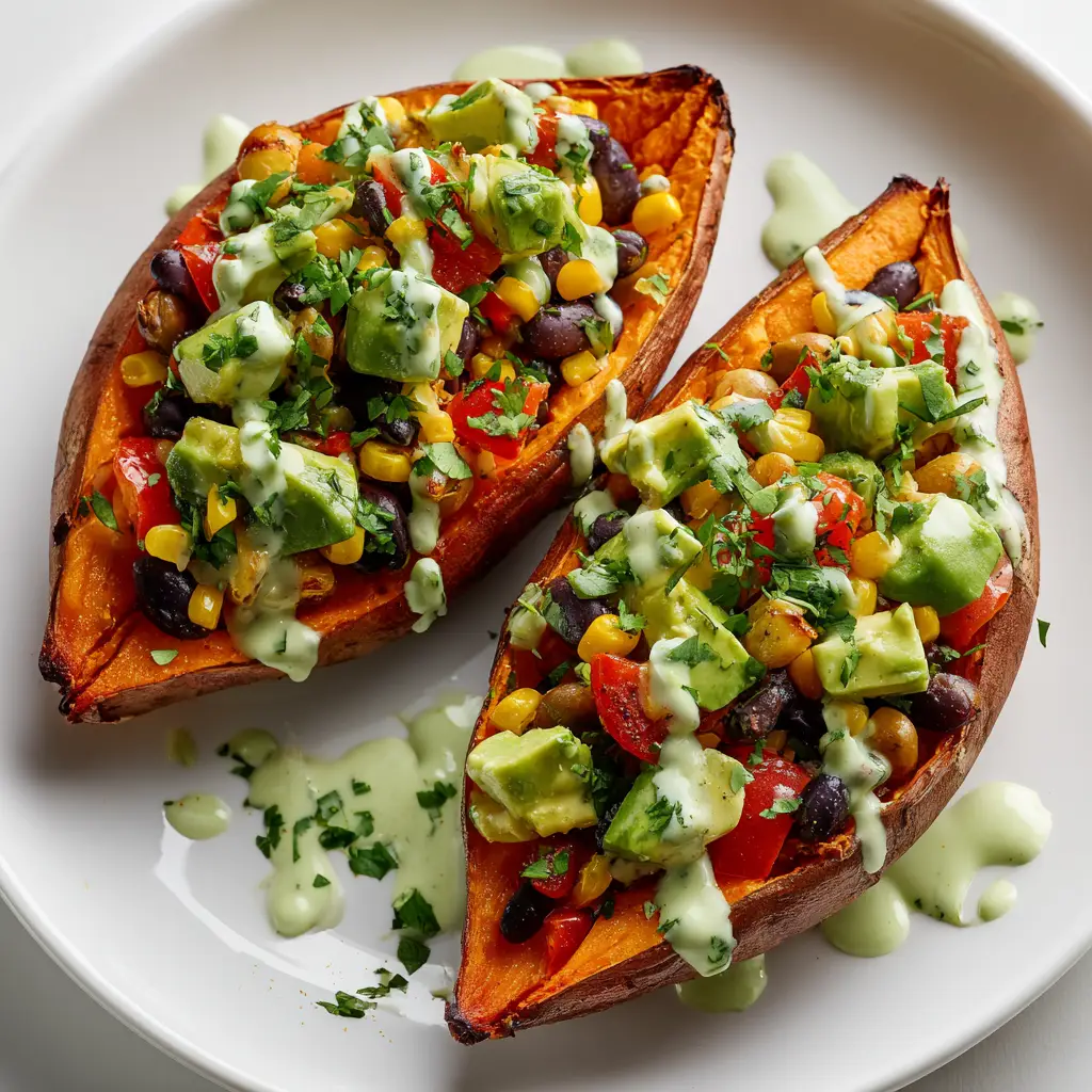 A close-up shot showing the texture of the savory black bean and corn filling in a stuffed sweet potato.