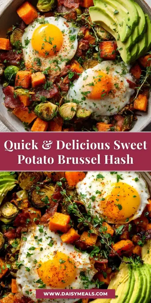 A top-down view of a cast-iron skillet filled with colorful Sweet Potato Brussels Hash, topped with a perfectly fried egg.