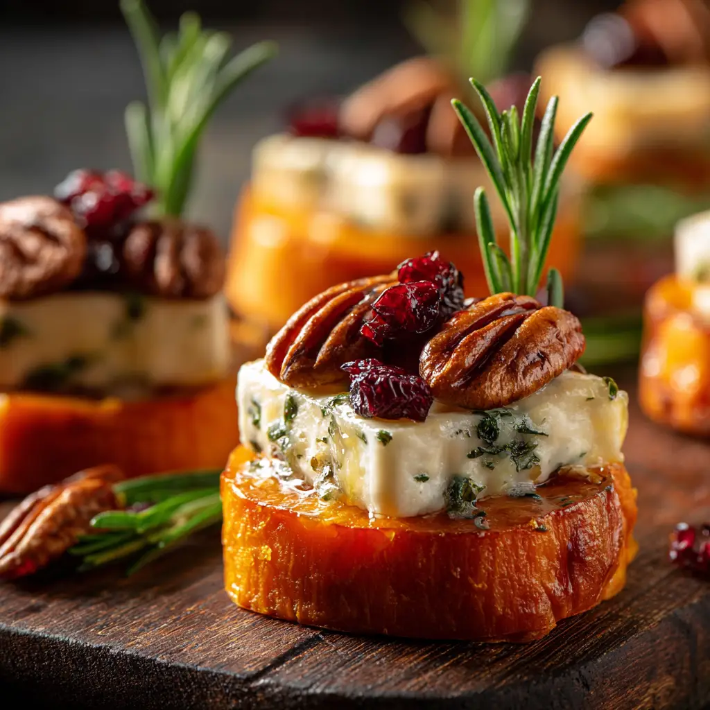 A sweet potato crostini topped with goat cheese, cranberry, and a single pecan, shown up close.