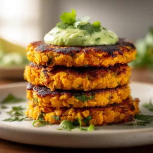 Extreme close-up of three vibrant sweet potato lentil patties stacked together. The texture is visible, highlighting the crispy exterior and tender interior.