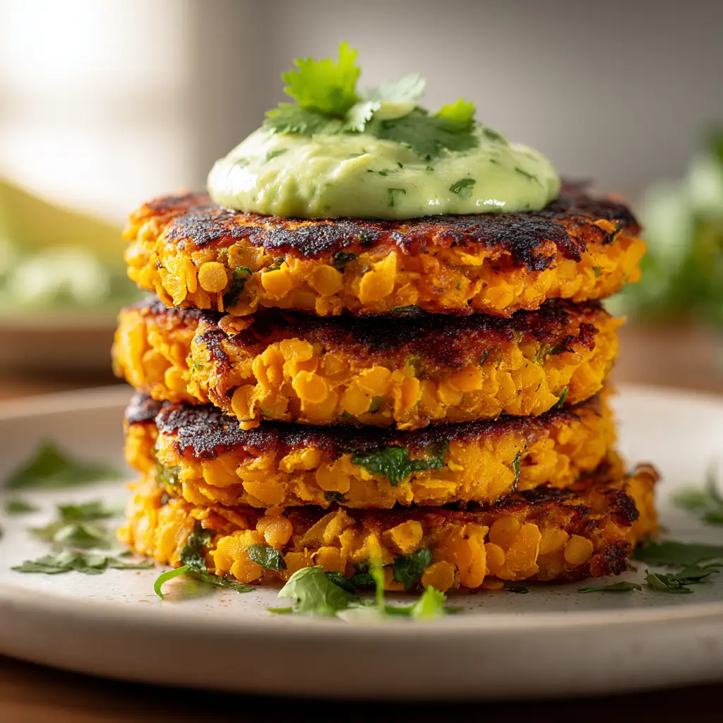 Extreme close-up of three vibrant sweet potato lentil patties stacked together. The texture is visible, highlighting the crispy exterior and tender interior.