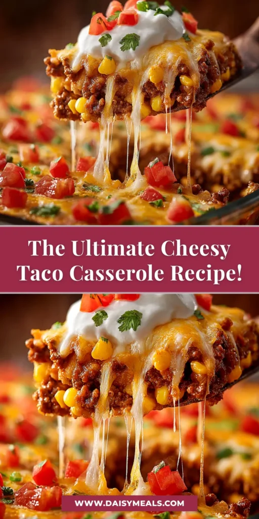 Taco Casserole Recipe (The Ultimate Crowd-Pleaser) 4 A delicious and easy Taco Casserole Recipe in a baking dish, topped with melted cheese, sour cream, and fresh cilantro. Perfect for a family dinner.