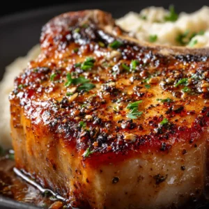 An extreme close-up of a thick, bone-in juicy baked pork chop, highlighting the moist texture and savory seasoning crust.