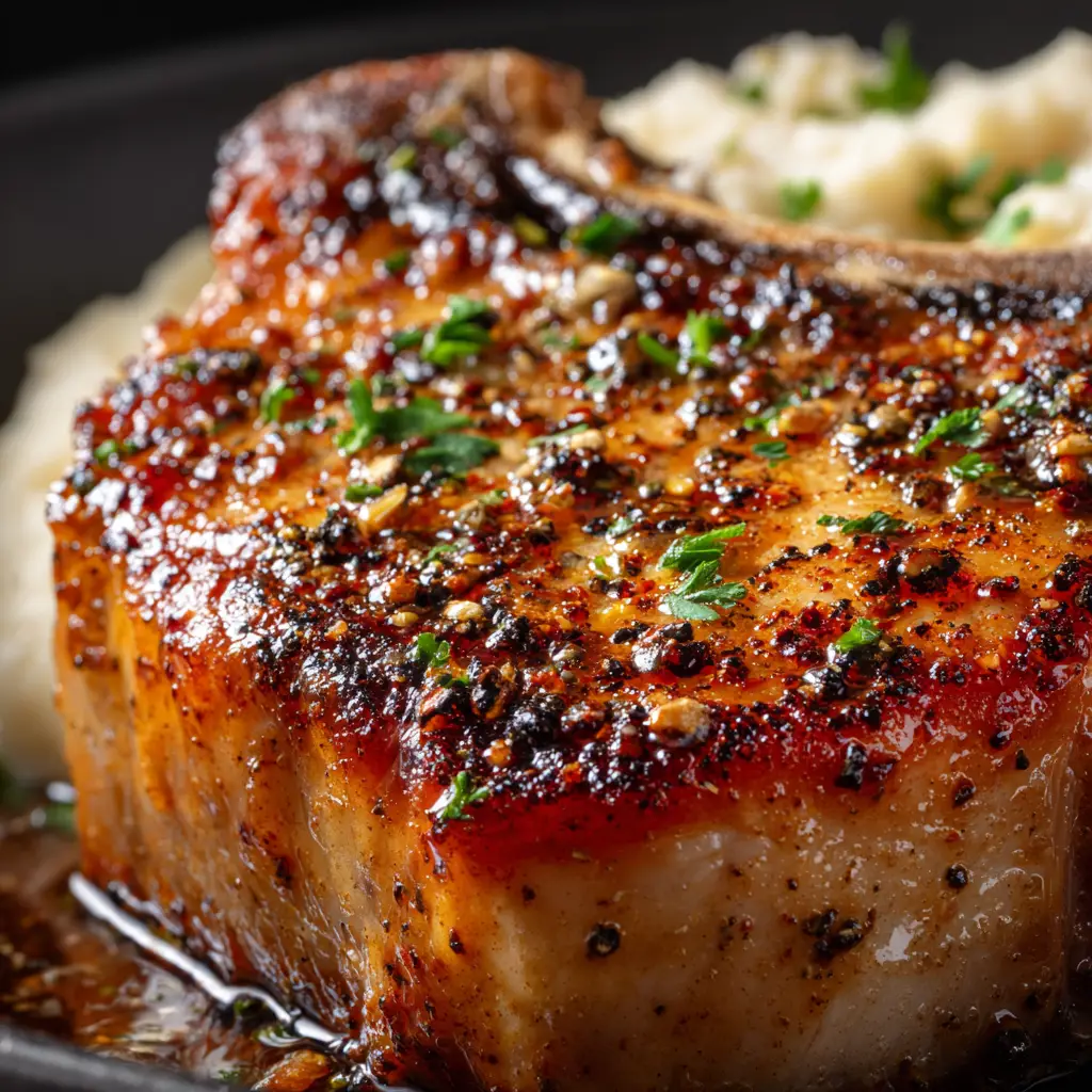 Juicy Baked Pork Chops (So Easy, So Tender!) 2 An extreme close-up of a thick, bone-in juicy baked pork chop, highlighting the moist texture and savory seasoning crust.
