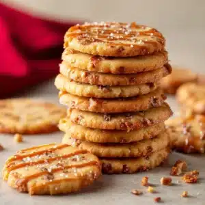 A tempting stack of toffee butter slice and bake cookies, showing the delicious texture and bits of toffee throughout.