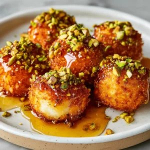 A close-up view of a single whipped ricotta toast topped with chopped pistachios and honey.