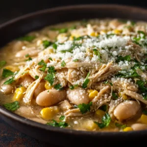 Ingredients for slow cooker white chicken chili arranged on a countertop, including chicken breasts, beans, spices, and cream cheese.