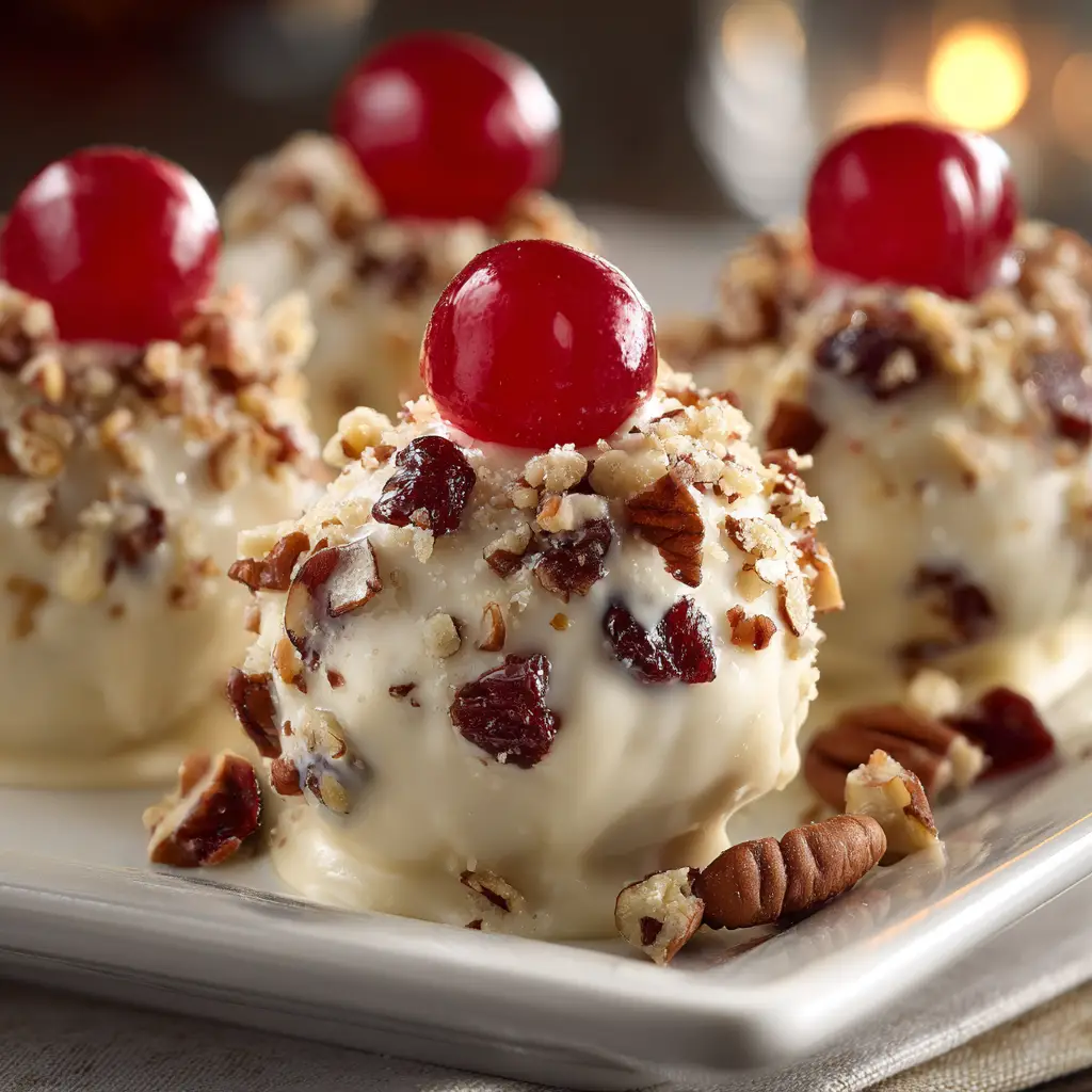 A close-up shot of homemade white chocolate cherry truffles being prepared for the holidays.