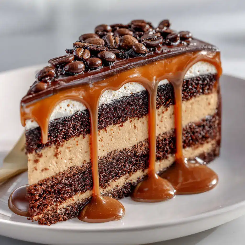 A whole coffee caramel cake on a cake stand, decorated with a beautiful caramel drip and piped buttercream swirls on top.