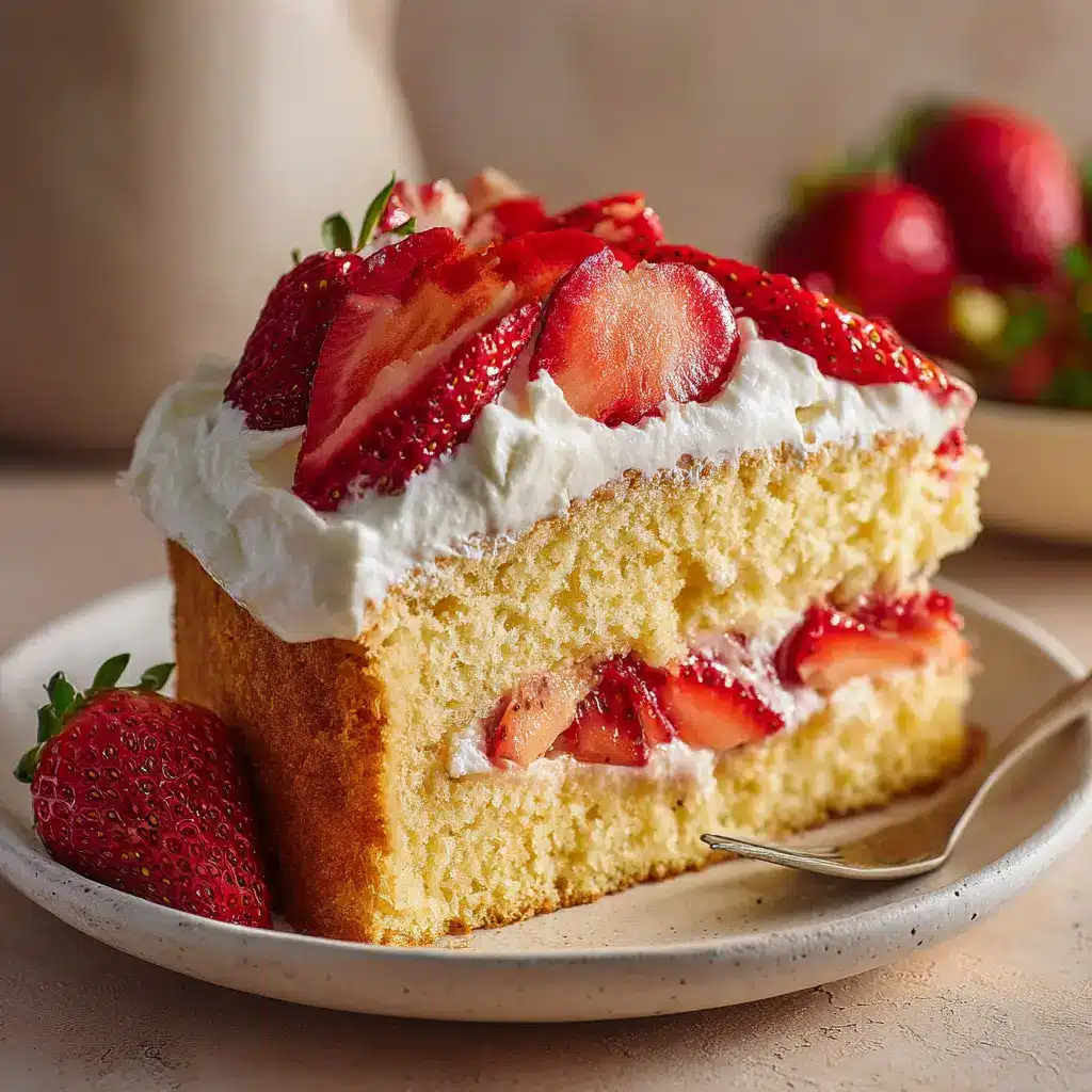A beautiful whole strawberry shortcake layer cake on a cake stand, decorated with fresh strawberries and swirls of whipped cream frosting.
