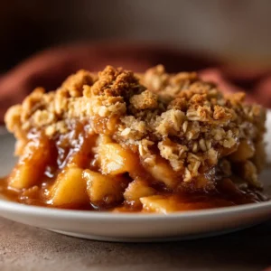 An extreme close-up macro shot of the crispy oat topping on a homemade apple crisp, showing the texture of the baked oats and caramelized brown sugar.