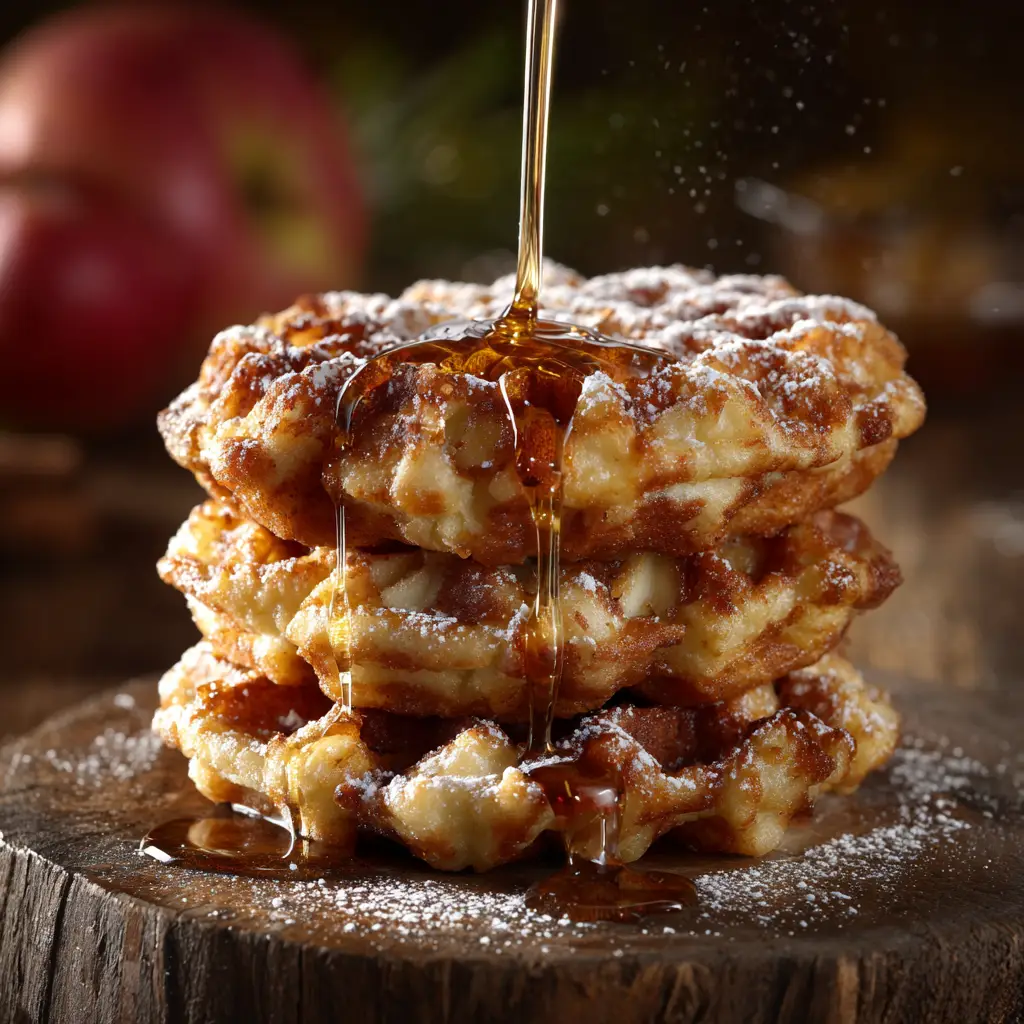A close-up shot showing the fluffy interior and crispy exterior of homemade apple fritter waffle donuts with cinnamon.