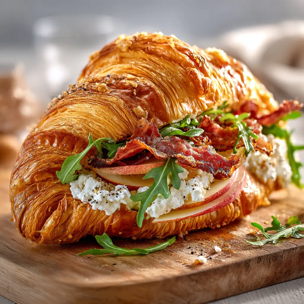 Ingredients for the savory croissant sandwich, including a fresh apple, a log of goat cheese, and a flaky croissant on a rustic wooden board.