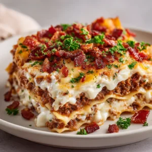 Assembling the Bacon Cheeseburger Lasagna in a glass baking dish, with layers of noodles, meat sauce, and creamy ricotta cheese filling.