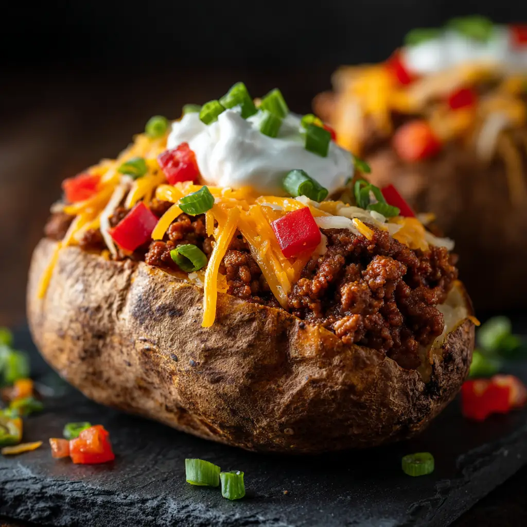 A baked potato being loaded with seasoned ground beef and shredded cheddar cheese, showcasing a key step in the recipe.